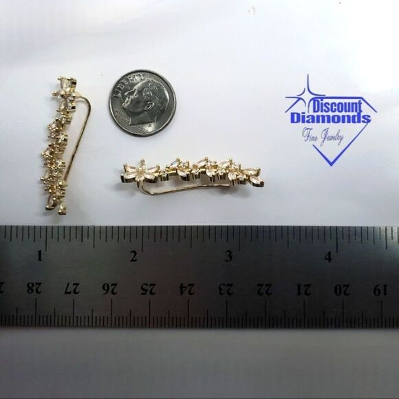 Clear White Diamonds 18K Yellow Gold Ear Climber Earrings  on 925 Silver - Picture 5 of 10